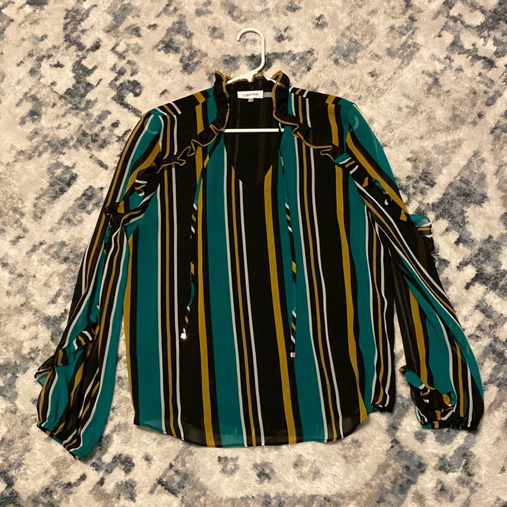 Calvin Klein Striped Ruffle Trim Blouse